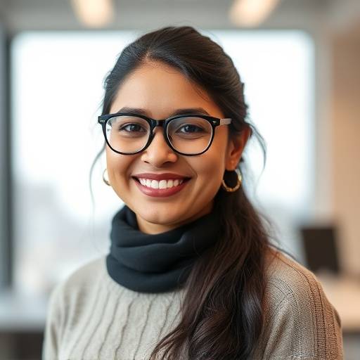 Aisha Khan, Head of Engineering at NetSight Analytics, wearing glasses and smiling